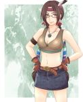  armband bare_shoulders belt brown_eyes brown_hair crop_top denim_skirt earrings faye_(yuiko055) feathers fingerless_gloves glasses gloves hands_on_hips headband jewelry julia_chang midriff namco native_american navel necklace solo tekken tekken_3 tekken_4 tekken_5_(dark_resurrection) tekken_tag_tournament twintails 