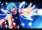  artist_request blue_dress blue_eyes blue_hair blush bow cirno do_(4-rt) dress fang female hair_bow hair_ornament hair_ribbon ice ice_wings letterboxed open_mouth ribbon short_hair short_sleeves solo touhou wings 