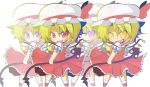  alternate_eye_color ascot blonde_hair clone fang flandre_scarlet four_of_a_kind_(touhou) glowing glowing_eyes hat hat_ribbon highres hiro_(hiro0529) laevatein multiple_girls open_mouth pink_eyes puffy_sleeves purple_eyes red_eyes ribbon short_sleeves touhou turning violet_eyes wings yellow_eyes 