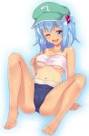  arm_support bare_shoulders barefoot blue_eyes blue_hair blush braid feet hair_bobbles hair_ornament hat kawashiro_nitori leaning_back open_mouth saemon_(tonpura) smile solo spread_legs sweat swimsuit tan tanline toes topless touhou towel twin_braids wink 