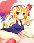  3535carrot bare_shoulders blonde_hair breasts competition_swimsuit flandre_scarlet hat kneehighs looking_at_viewer on_side one-piece_swimsuit pillow red_eyes school_swimsuit short_hair side_ponytail solo striped striped_legwear swimsuit touhou wings 
