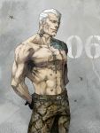  33_(bell12) abs android arms_behind_back bad_id belt blue_hair bryan_fury bullet_hole gloves grey_background hands_clasped male muscle number pants scar shirtless short_hair snakeskin_print tattoo tekken white_hair 