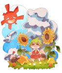  1nenmono blush cloud clouds flower green_hair highres kazami_yuuka open_mouth puffy_sleeves red_eyes short_hair short_sleeves solo standing star sun sunflower touhou 