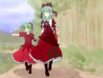  2girls aqua_hair arm_ribbon bag boots bow child closed_eyes cross-laced_footwear dress eyes_closed front_ponytail green_eyes green_hair hair_bow hair_ornament hair_ribbon hakano_shinshi holding kagiyama_hina long_hair mother_and_daughter multiple_girls pointing popsicle red_dress ribbon short_hair skirt skirt_hold skirt_pull touhou tree 