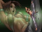  barefoot brazilian breasts brown_eyes brown_hair capoeira christie_monteiro criss-cross_halter dark_skin feet fingerless_gloves gloves halter_top halterneck high_kick highres junny kicking large_breasts lipstick long_hair makeup namco official_art ponytail sideboob solo tekken tekken_4 tekken_tag_tournament_2 toes wallpaper wink zoom_layer 