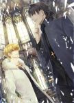  blonde_hair broken_glass brown_eyes brown_hair cassock church coat cross cross_necklace fate/stay_night fate_(series) fur_trim gilgamesh glass highres jewelry kotomine_kirei male multiple_boys necklace red_eyes rui_yuda 