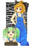  alternate_costume blonde_hair blush blush_stickers bow breasts bucket cleavage collarbone crim0718 green_eyes green_hair grin hair_bobbles hair_bow hair_ornament in_bucket in_container kisume kurodani_yamame multiple_girls naked_overalls open_mouth overalls red_eyes short_hair sleeveless smile touhou twintails 