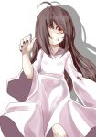  ahoge black_hair dress fang grin hair_over_one_eye long_hair red_eyes smile solo the_ring white_background white_dress wide_sleeves yakuyoru yamamura_sadako 