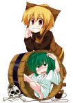  blonde_hair blush bone bow brown_eyes bucket d-so green_eyes green_hair grin hair_bobbles hair_bow hair_ornament in_bucket in_container kisume kurodani_yamame long_sleeves multiple_girls open_mouth rope short_hair skull smile spider sweatdrop touhou twintails wide_sleeves 