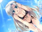  :d artist_request bent_over bikini black_bikini blush breasts cleavage collarbone green_eyes highres long_hair navel open_mouth original side-tie_bikini silver_hair smile solo swimsuit translation_request water 
