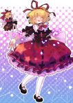  amo blonde_hair blue_eyes blush bow bubble_skirt closed_eyes eyes_closed hair_bow happy highres leggings mary_janes medicine_melancholy open_mouth outstretched_arms polka_dot polka_dot_background shirt shoes short_hair short_sleeves skirt smile solo star su-san touhou white_legwear 