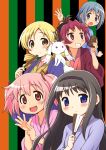  :3 :d :o akemi_homura black_hair blonde_hair blue_eyes blue_hair blush cup drill_hair fan folding_fan grin hair_ornament hair_ribbon hairband holding japanese_clothes joshiraku kaname_madoka kimono kyubey long_hair looking_at_viewer mahou_shoujo_madoka_magica miki_sayaka multiple_girls open_mouth parody pink_eyes pink_hair red_hair ribbon sakura_kyouko short_hair smile teacup tomoe_mami twin_drills twintails yuuki_akira 