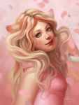  blonde_hair cat_ears catgirl dress green_eyes highlights long_hair nekomimi original_character petals pink pink_dress redhead smile streaky_hair zippora 