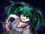  bandage bandages collarbone green_eyes green_hair hair_bobbles hair_ornament highres kisume long_sleeves open_mouth short_hair slit_pupils solo touhou twintails veins wide_sleeves ziogon 