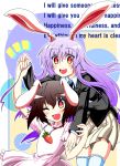  animal_ears black_hair blouse blush bunny_ears carrot english holding_hair inaba_tewi jewelry lavender_hair long_hair long_sleeves looking_at_viewer multicolored_eyes multiple_girls necklace open_mouth rabbit_ears reisen_udongein_inaba short_hair short_sleeves skirt smile thigh-highs thighhighs touhou train_90 very_long_hair vest wink 