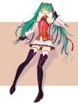  1girl boots detached_sleeves fingerless_gloves gloves green_eyes green_hair hatsune_miku high_heels highres long_hair open_mouth panties pantyshot shoes skirt solo striped striped_panties sumtj thigh_boots thighhighs twintails underwear v very_long_hair vocaloid wink 