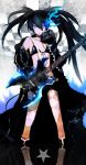  bikini_top black_hair black_rock_shooter black_rock_shooter_(character) blue_eyes boots glowing glowing_eyes guitar highres instrument long_hair looking_at_viewer midriff scar solo twintails 
