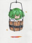  blush bucket closed_eyes eyes_closed green_hair hair_bobbles hair_ornament in_bucket in_container kisume ponpoko short_hair smile solo touhou twintails 
