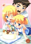  2girls ;d absurdres apron artist_name birthday_cake blonde_hair blowing blue_eyes bow brown_hair candle child collarbone facial_hair family food food_on_face hair_bow hand_on_shoulder heart highres icing kuuchuu_yousai multiple_girls mustache open_mouth original scan short_hair smile twintails wink 