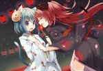  alternate_costume animal_ears bad_id blue_eyes blue_hair blush bow candy_apple cat_ears closed_eyes error eyes_closed hair_bow hetaling japanese_clothes kemonomimi_mode kimono long_hair mahou_shoujo_madoka_magica mask miki_sayaka multiple_girls open_mouth red_hair redhead sakura_kyouko shin_(hetaling) short_hair tail yukata 