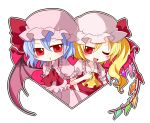  ascot bat_wings blonde_hair blue_hair blush bow colored crystal flandre_scarlet hat hat_bow hat_ribbon hikataso multiple_girls open_mouth puffy_sleeves red_eyes remilia_scarlet ribbon short_sleeves siblings side_ponytail sisters touhou wings wink 