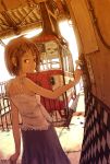  aerial_tram bad_id bare_shoulders brown_eyes brown_hair camisole expressionless from_behind hair_ornament hairclip highres inukoko leaf looking_back monochrome original railing ruins sepia short_hair skirt solo 