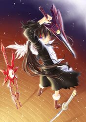  1girl arm_up bad_id bellezza_felutia black_dress black_hair blue_eyes boots coat dress heterochromia highres jacket jewelry katana long_hair looking_at_viewer male necklace okitakung open_clothes open_coat original pendant perspective planted_sword planted_weapon red_eyes shirt skirt solo sword trap weapon wind 