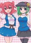  2girls alternate_costume ara_(sora-ageha) blue_eyes blush casual green_hair hair_bobbles hair_ornament hat multiple_girls onozuka_komachi open_mouth red_eyes red_hair redhead shikieiki_yamaxanadu short_hair skirt smile touhou twintails 