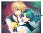  aqua_eyes bishoujo_senshi_sailor_moon blonde_hair bow choker gloves green_background green_hair kaiou_michiru long_hair magical_girl merami multiple_girls outer_senshi pink_background ribbon sailor_collar sailor_neptune sailor_uranus short_hair smile ten&#039;ou_haruka ten'ou_haruka tiara white_gloves yuri 