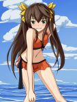  bikini blush brown_hair green_eyes hand_on_knee highres huang_lingyin infinite_stratos long_hair looking_at_viewer mei_ichi ocean smile solo swimsuit twintails 