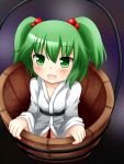  blush bucket collarbone green_eyes green_hair hair_bobbles hair_ornament highres in_bucket in_container kisume long_sleeves open_mouth short_hair solo touhou twintails wide_sleeves yuyumi_(yuurei) 