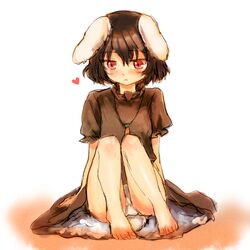  alternate_color animal_ears bare_legs barefoot black_hair bunny_ears carrot feet furorida heart inaba_tewi jewelry necklace panties pantyshot pantyshot_(sitting) player_2 rabbit_ears short_hair simple_background sitting solo touhou underwear white_background white_panties 