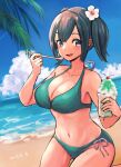  1girl alternate_costume artist_name beach bikini blue_sky blush breasts cup day disposable_cup eating eyebrows_visible_through_hair food green_bikini hair_between_eyes holding holding_cup holding_food holding_spoon kantai_collection kneeling large_breasts looking_at_viewer medium_hair ocean open_mouth outdoors palm_tree sand shaved_ice sky solo souryuu_(kancolle) spoon spoon_straw swimsuit tree water wss_(nicoseiga19993411) 