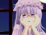  bespectacled crescent glasses hat long_hair night open_mouth patchouli_knowledge pink_hair purple_eyes solo touhou violet_eyes window yandere yandere_trance 