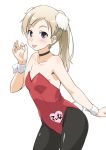  :p animal_ears bare_shoulders black_legwear blonde_hair blue_eyes blush breasts bunny_tail bunnysuit detached_collar long_hair martina_crespi name_tag ok_sign pantyhose smile solo strike_witches tail tongue wrist_cuffs youkan 