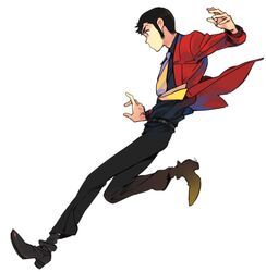  arsene_lupin_iii formal loose_socks lupin_iii male necktie profile simple_background socks solo suit toujou_sakana white_background 