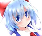  blue_eyes blue_hair blush bow cirno hair_bow highres hiro_(pqtks113) looking_at_viewer portrait short_hair simple_background smile solo touhou white_background 