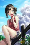  blue_eyes blush brown_hair cloud clouds eating fence flower food fruit kyon_(fuuran) mole open_mouth original shorts sitting sky solo sweat tank_top yukimi_dango 