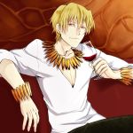  1boy blonde_hair bracelet couch cup fate/zero fate_(series) gilgamesh jewelry necklace niboboshi red_eyes solo wine wine_glass 