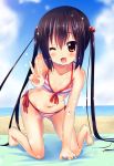  ;d beach bent_over bikini black_hair blush collarbone hair_bobbles hair_ornament k-on! long_hair looking_at_viewer nakano_azusa ocean open_mouth red_eyes side-tie_bikini smile solo striped striped_bikini striped_swimsuit swimsuit tamaran twintails water wink 