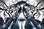  1girl arm_cannon bikini_top black_hair black_rock_shooter black_rock_shooter_(character) blue_eyes chain chains faefaea gun highres jacket long_hair monochrome navel scar short_shorts shorts solo spot_color star stars twintails weapon 