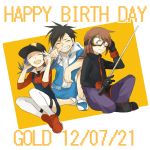  2012 2boys alternate_costume anniversary bangs baseball_cap birthday black_hair blue_hair brown_hair character_name closed_eyes crystal_(pokemon) dated eyes_closed goggles gold_(pokemon) gym_uniform happy happy_birthday hat holding inuyaki multiple_boys open_mouth pokemon pokemon_special silver_(pokemon) sitting smile thigh-highs thighhighs twintails 