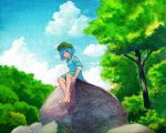  barefoot blue_hair hat kawashiro_nitori nature rock shirodama sitting sleeves_rolled_up smile solo touhou tree 