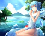  alternate_costume blue_eyes blue_hair bow cirno cloud clouds eating food grass haikara_udon hair_bow ice ice_wings mountain one-piece_swimsuit open_mouth school_swimsuit shaved_ice sitting sky solo swimsuit touhou tree white_school_swimsuit wings 
