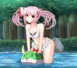  :3 alternate_hairstyle bikini bow frilled_bikini frills fujiwara_no_mokou grey_hair kou512a long_hair looking_at_viewer navel red_eyes solo sukusuku_hakutaku swimsuit touhou twintails water 