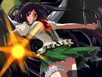  1zz7-wed anime_coloring arm_cannon black_hair bow brown_eyes feathered_wings hair_bow highres long_hair looking_at_viewer moneti_(daifuku) panties puffy_short_sleeves puffy_sleeves red_eyes reiuji_utsuho short_sleeves skirt solo thigh_strap touhou underwear weapon wings 