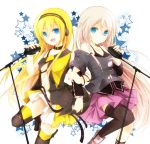  blonde_hair blue_eyes boots braid ia_(vocaloid) lily_(vocaloid) long_hair looking_at_viewer microphone microphone_stand multiple_girls navel open_mouth skirt smile thigh-highs thigh_boots thighhighs twin_braids very_long_hair vocaloid yonema 