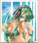  2012 bikini bracelet dated green_eyes green_hair hair_ribbon hatsune_miku headset highres jewelry long_hair marker_(medium) paint_(medium) pastel_(medium) ribbon roreru shikishi signature solo striped striped_bikini striped_swimsuit swimsuit traditional_media vocaloid 