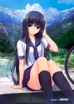  absurdres bicycle black_eyes black_hair black_legwear cloud clouds coffee-kizoku highres kunimura_kotone long_hair looking_at_viewer mountain original scan scenery school_uniform serafuku sitting skirt sky smile solo 