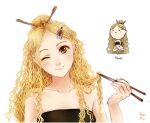  bare_arms blonde_hair blush_stickers bust chibi chopsticks collarbone dress dual_persona food food_themed_clothes hair_as_food hair_bun hair_ornament hair_stick hairclip holding light_brown_eyes long_hair meago naruto_(food) noodles original personification portrait ramen rough signature simple_background smile solo strapless_dress very_long_hair wavy_hair white_background wink 